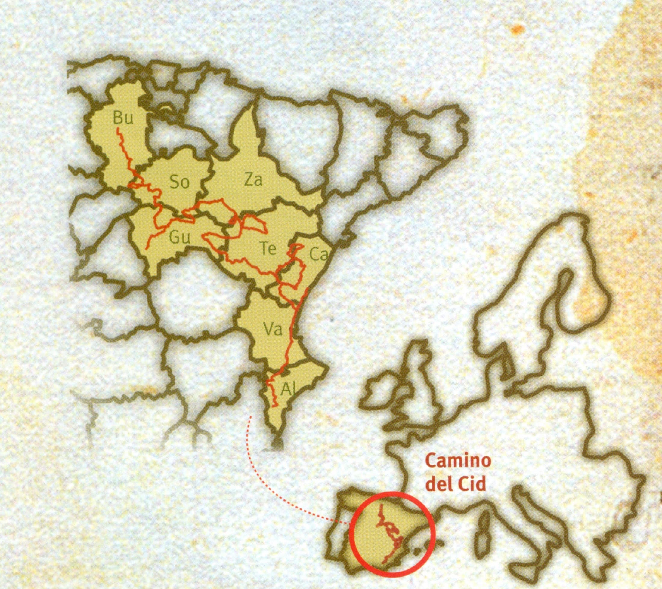 Mapa del Camino del Cid, con Atienza como hito entre las rutas «El Destierro» y «Tierras de Frontera»